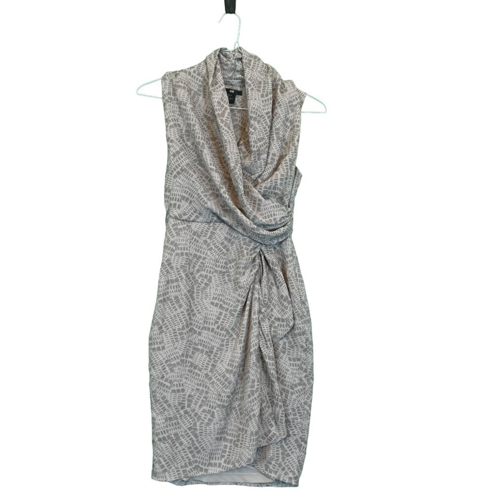 H&M Womens Side Ruche Pleat Sheath Faux Wrap Dress Gray Print Side Zip Size 4